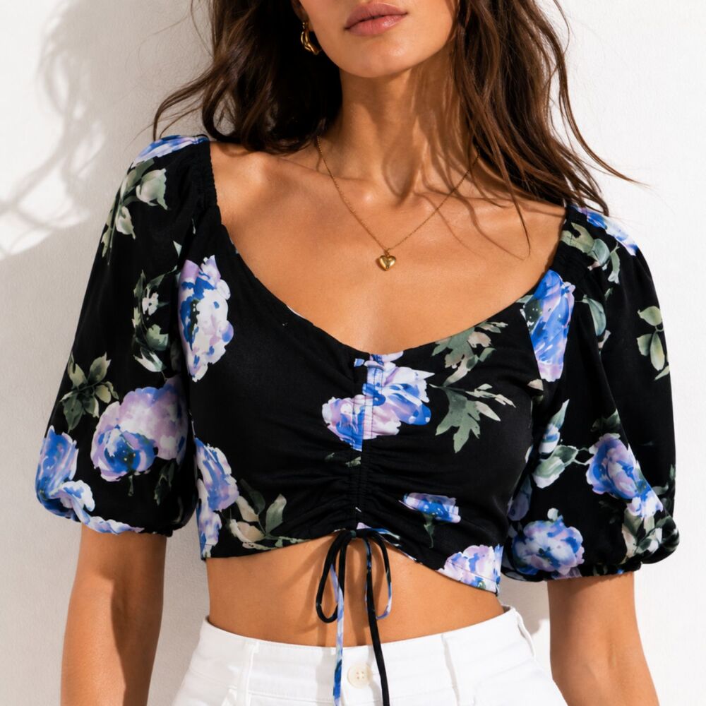 Love & Piece Black Lavender Floral Crop Top Puff Sleeve Size S